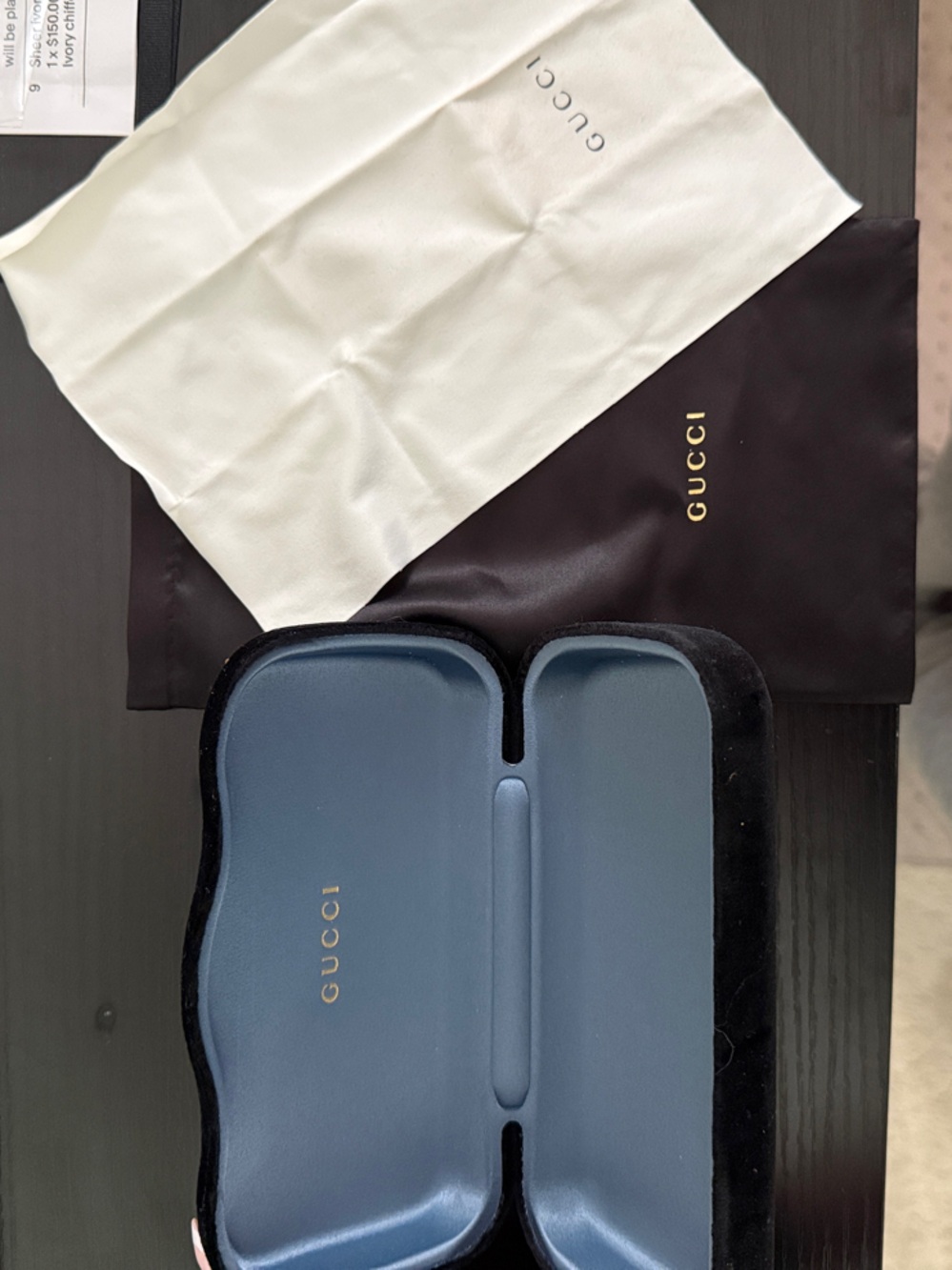 Gucci Eyewear Case Set — Black Exterior, Blue Interior, White & Black Dust Bags